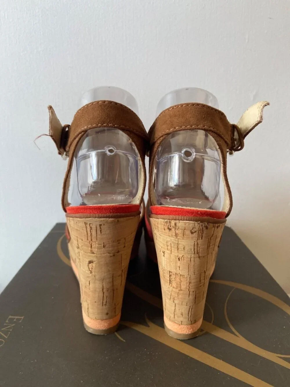 Enzo Angiolini Eagesso Suede Wedge Sandals Size 7.5M Coral Brown Ankle Strap